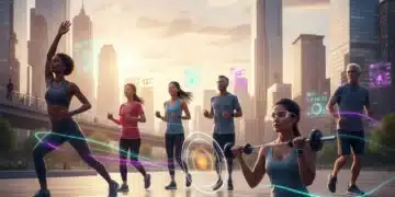Futuristic fitness tracking apps on smart devices guiding diverse individuals through workouts.