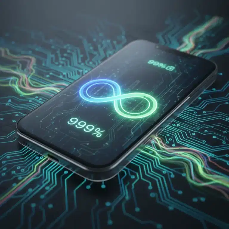 Futuristic smartphone displaying extended battery life with advanced energy technology
