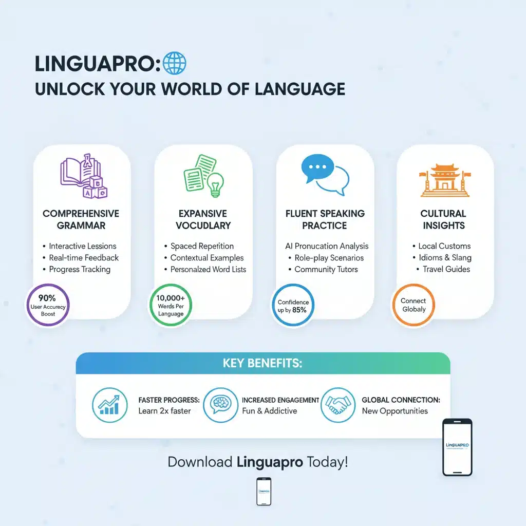Infographic detailing language learning app features and benefits