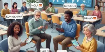 Diverse users engaging with language learning apps on mobile devices
