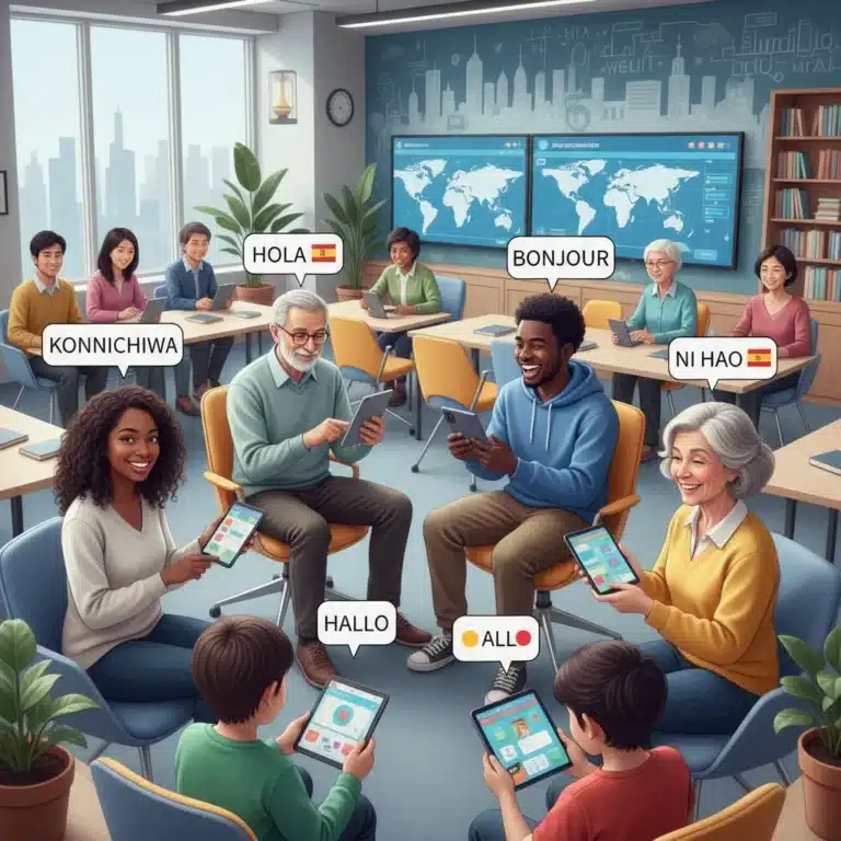 Diverse users engaging with language learning apps on mobile devices