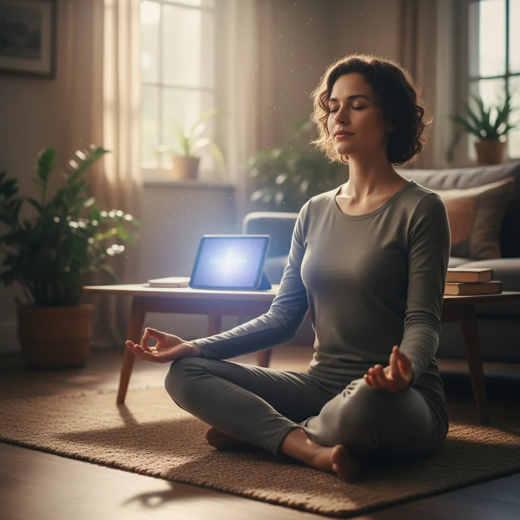 Mindful meditation contrasting with digital device, promoting digital detox