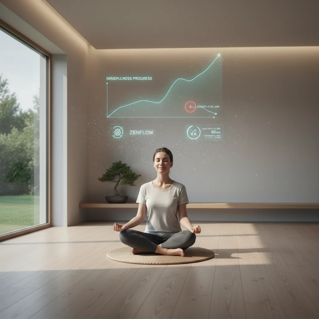 Person meditating with an augmented reality overlay showing mindfulness tracking from a wellness app.