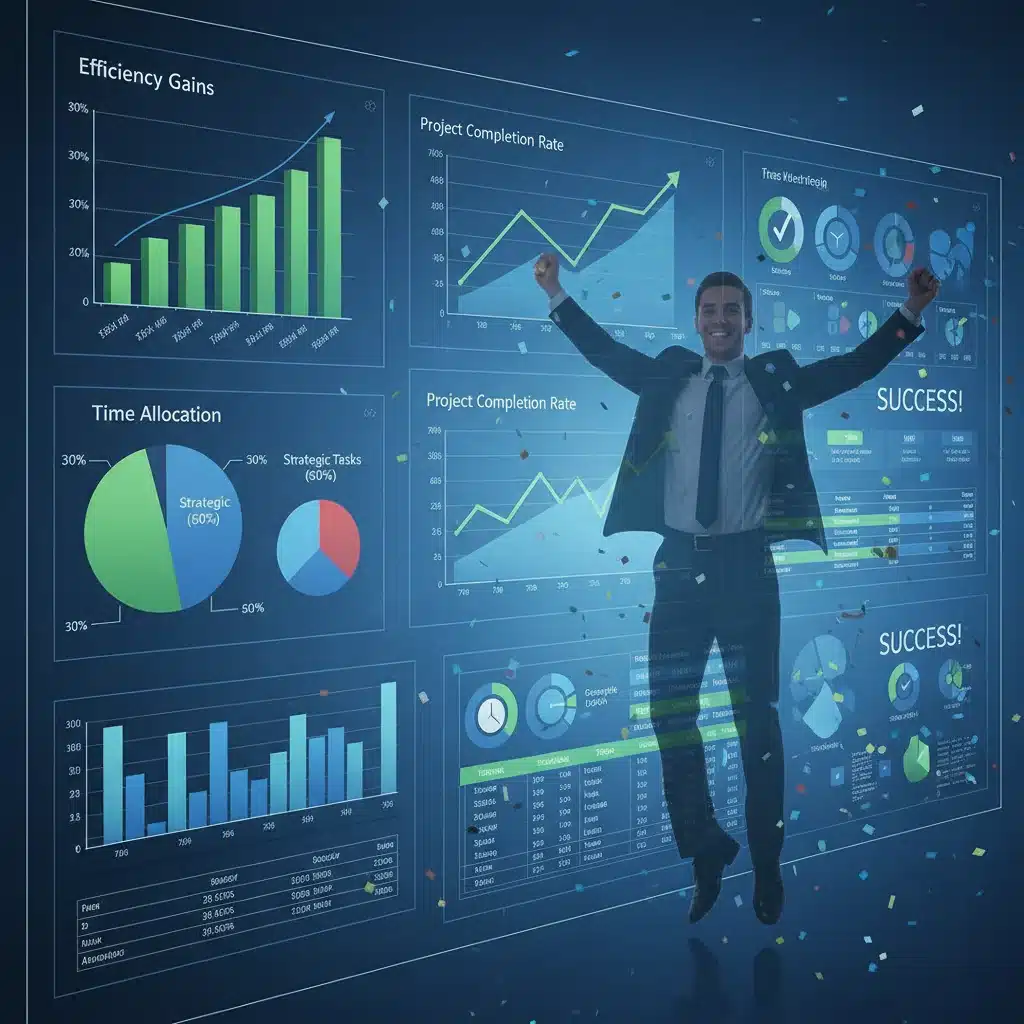 Data analytics dashboard showing productivity gains and time allocation improvements