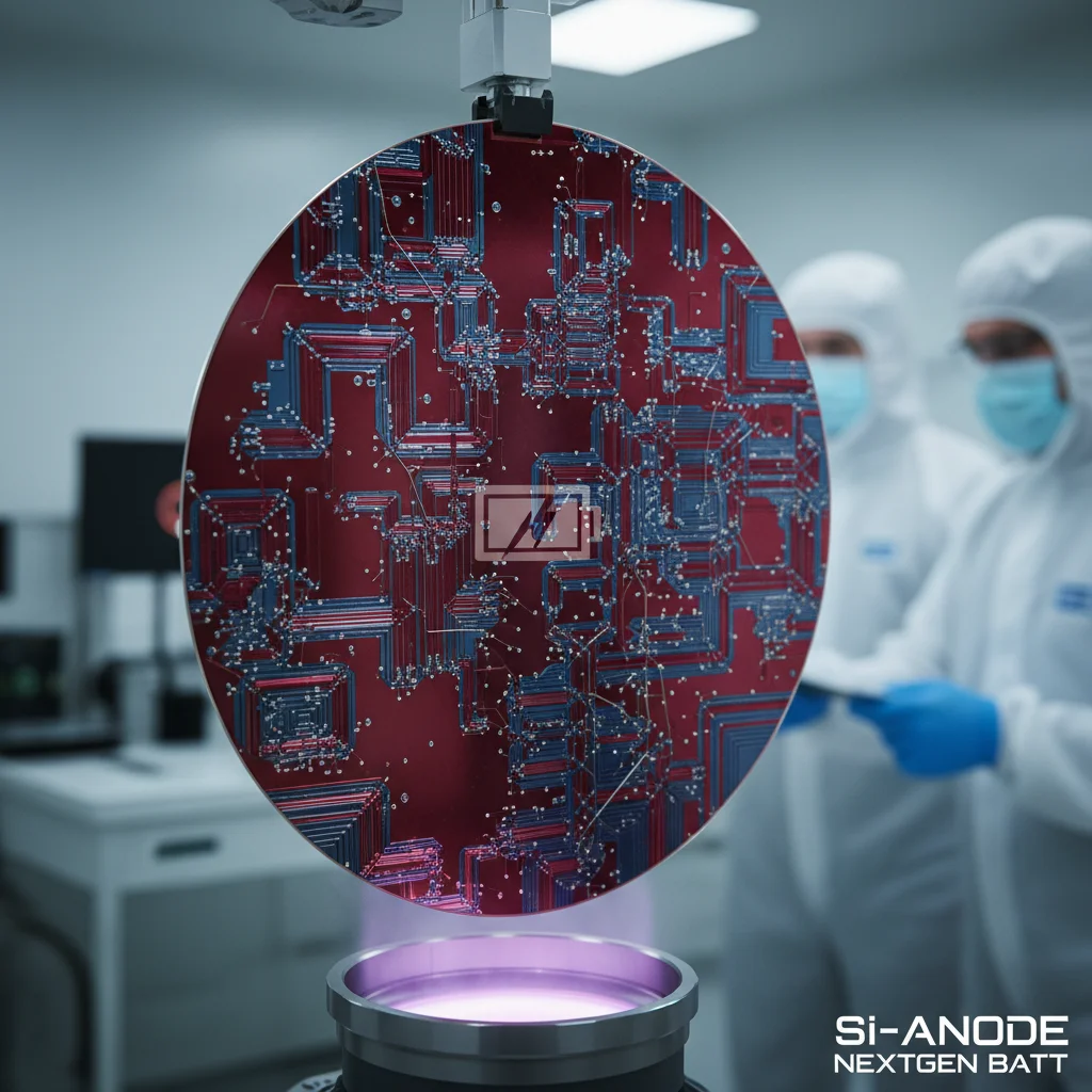 Scientists developing silicon anode battery components in a high-tech laboratory