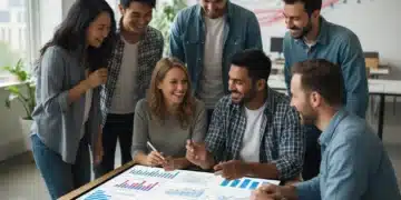 Small business owners analyzing data dashboard for project outcomes