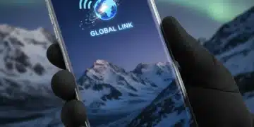 Futuristic smartphone with satellite connection icon against Earth and orbiting satellites, remote landscape background.