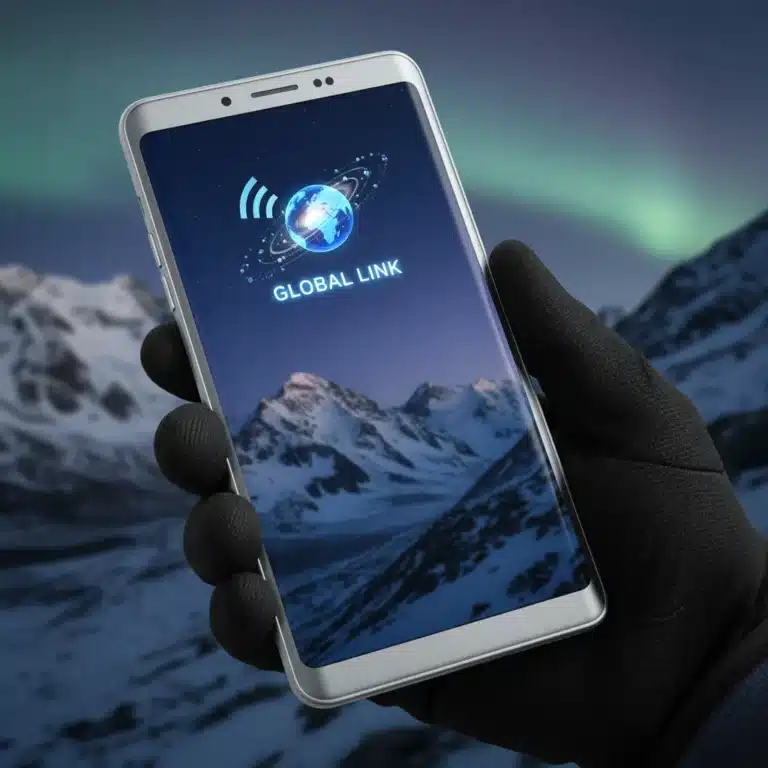 Futuristic smartphone with satellite connection icon against Earth and orbiting satellites, remote landscape background.