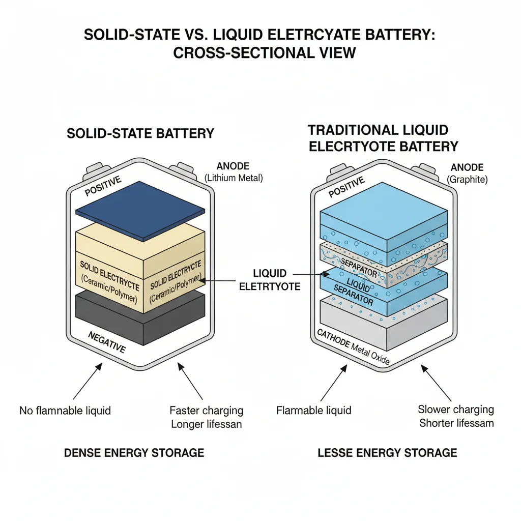 Detailed diagram of solid-state battery technology showing internal components