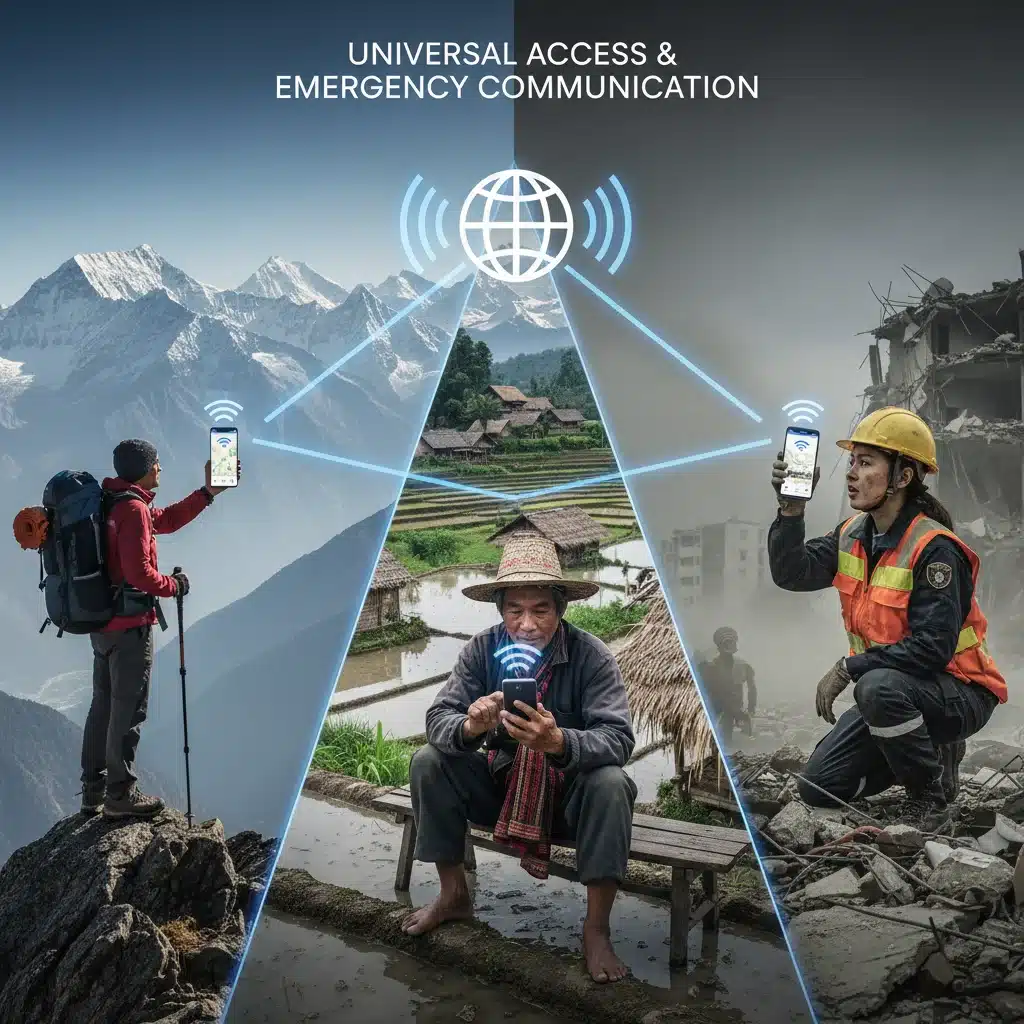 Diverse people using smartphones with strong signal in remote, rural, and disaster areas, symbolizing universal access.