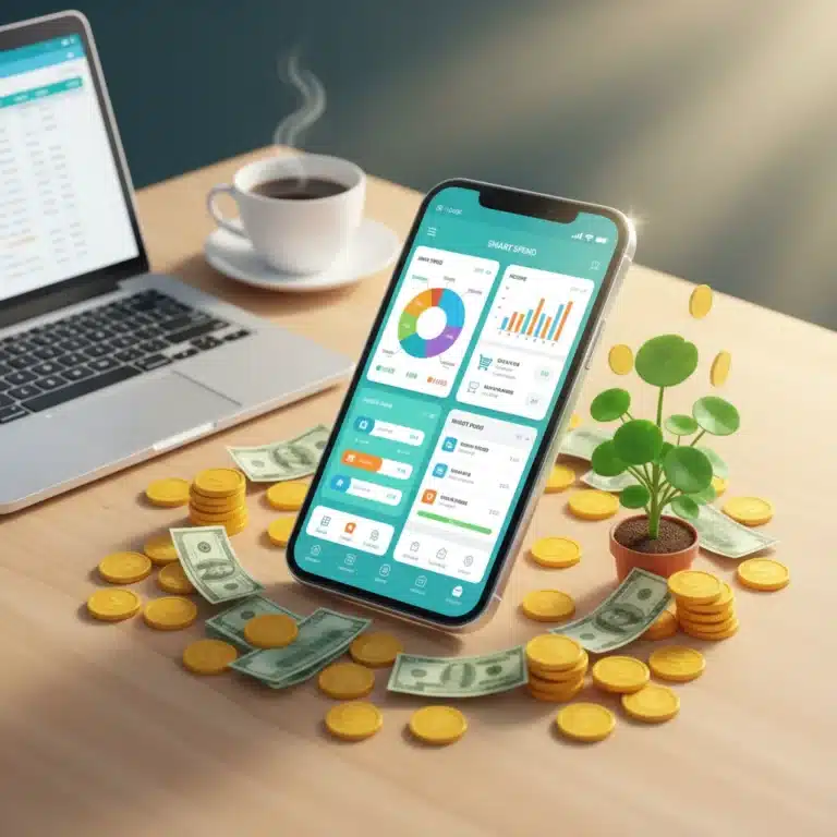 Smartphone displaying budgeting app interfaces with coins and dollar bills, representing financial management.