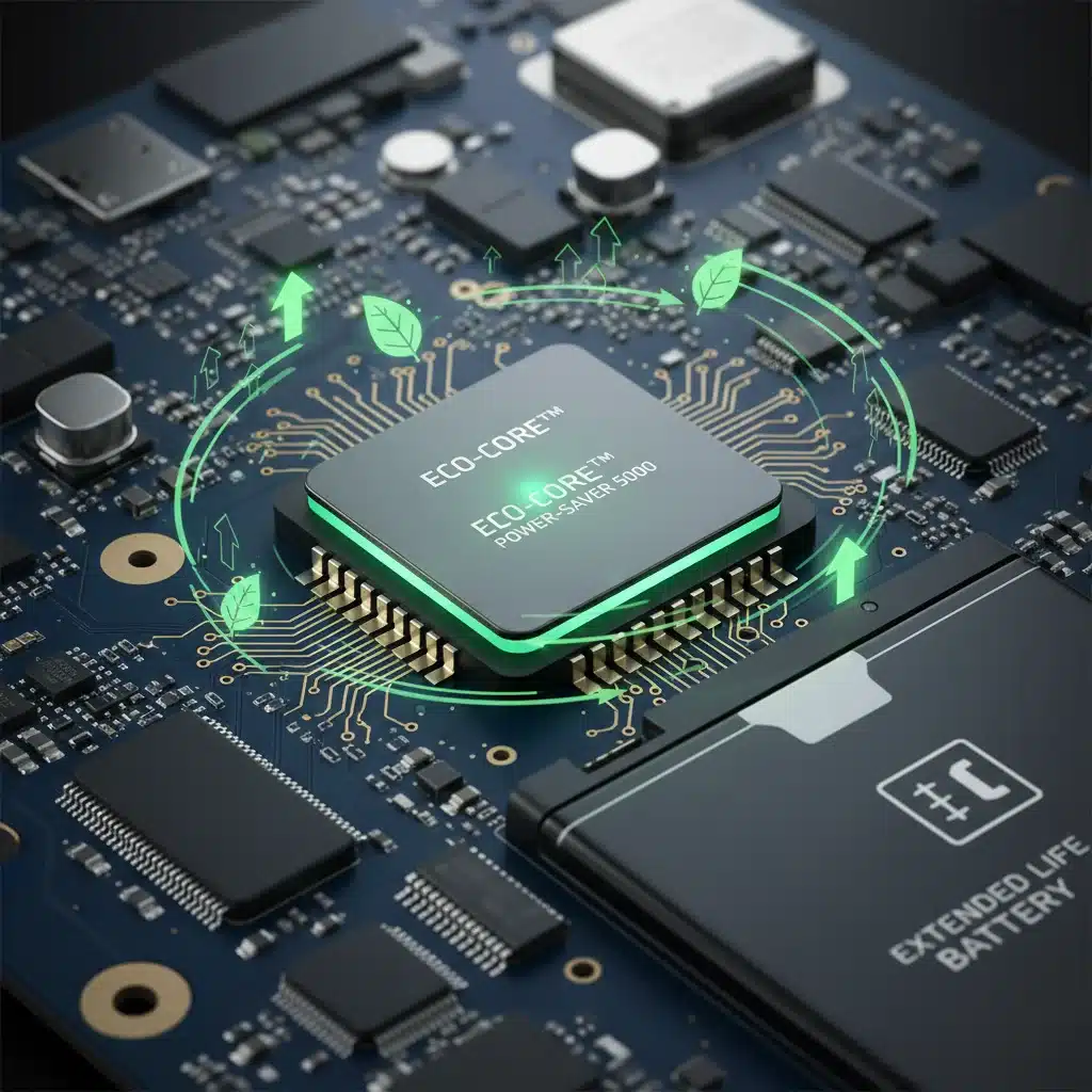 Energy-efficient mobile AI chip integrated into a smartphone motherboard, highlighting power optimization.