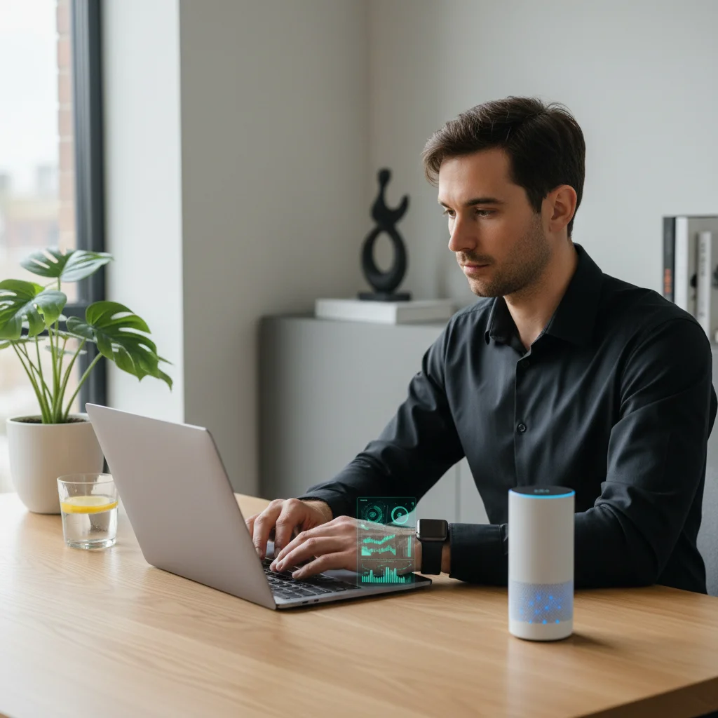 Individual using AI productivity tools for focused work and digital balance.