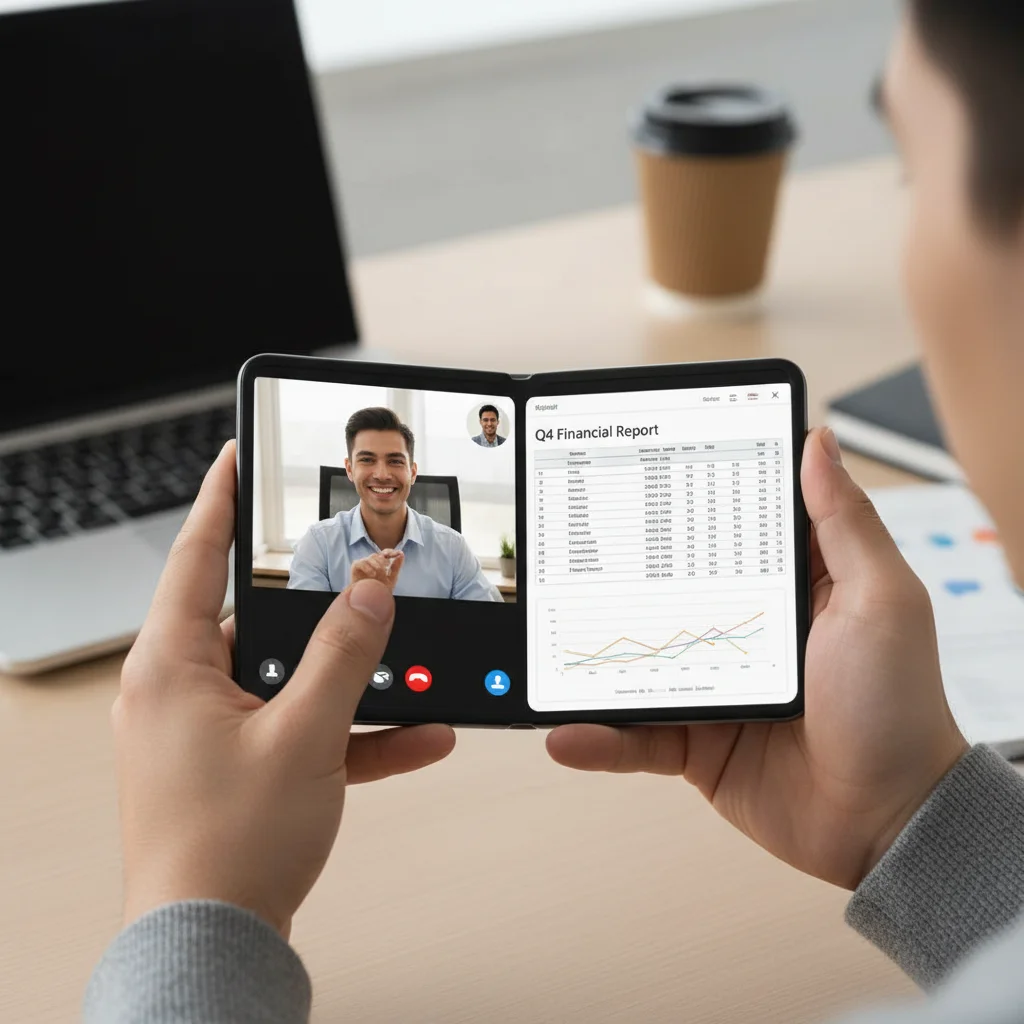 User multitasking on a foldable phone with split-screen functionality