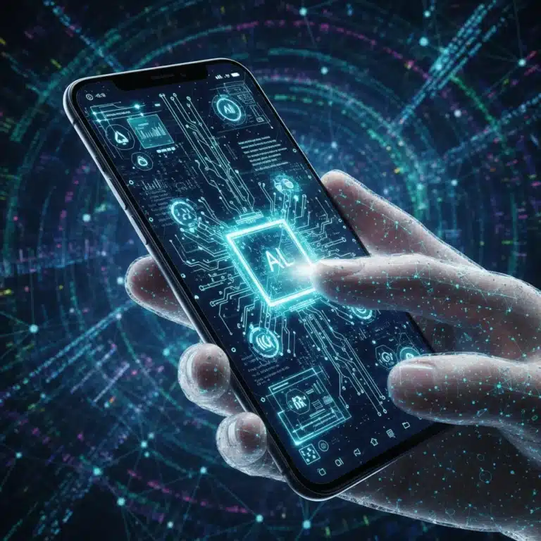 Futuristic smartphone with AI processing glowing circuits, representing advanced mobile technology.
