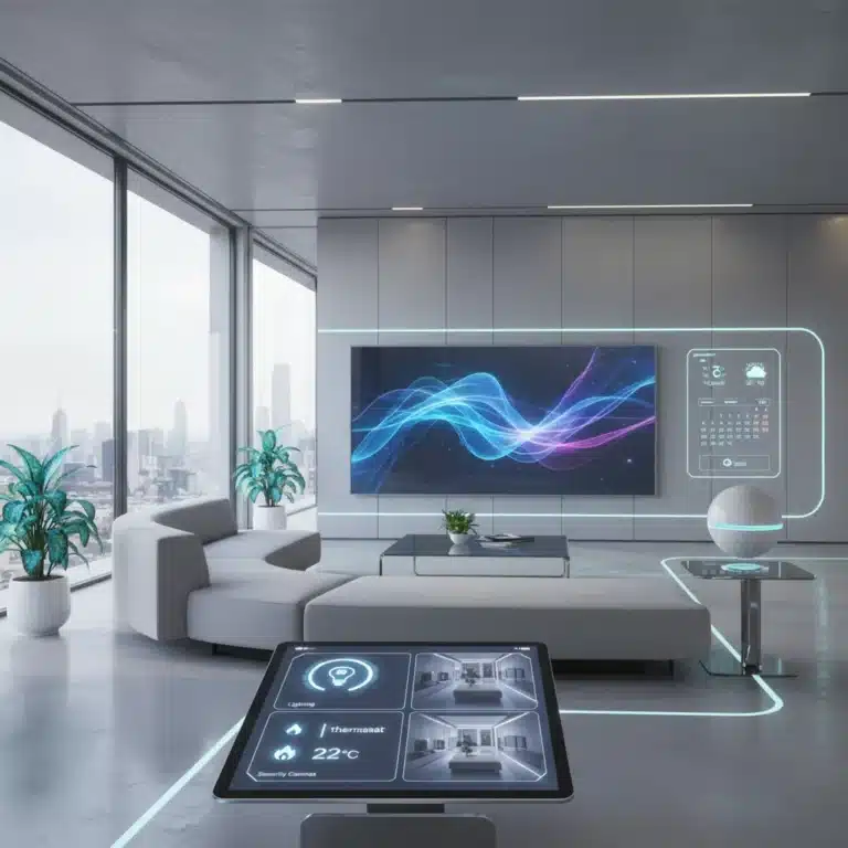 Futuristic smart home living room with integrated devices and central control tablet
