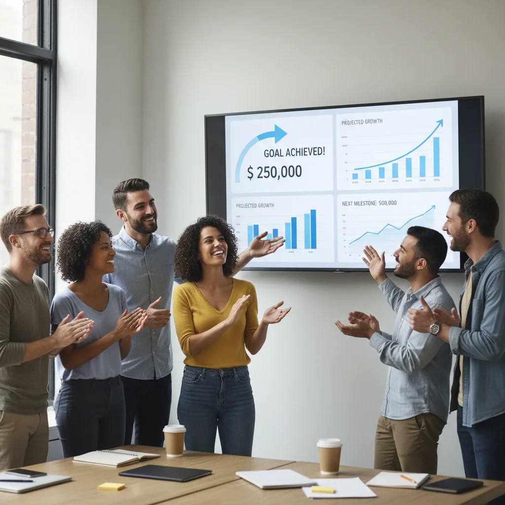 Diverse group of people happily reviewing a financial dashboard on a large screen.