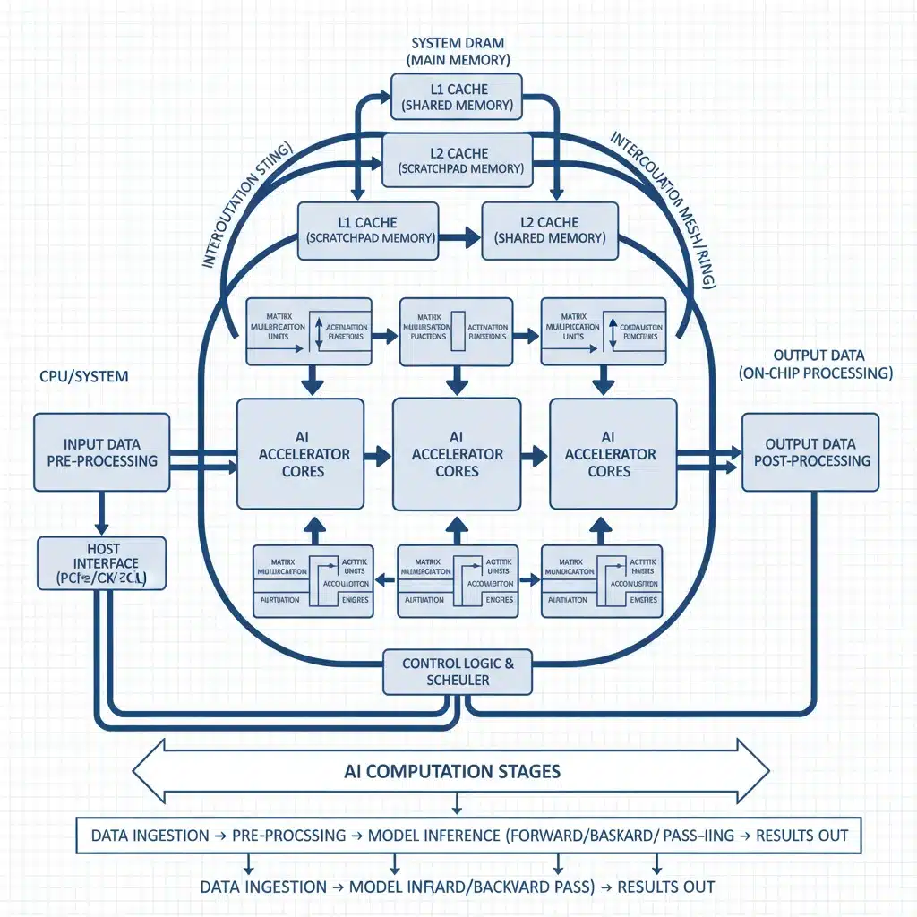 Detailed diagram of a Neural Processing Unit (NPU) architecture, showing specialized AI cores.