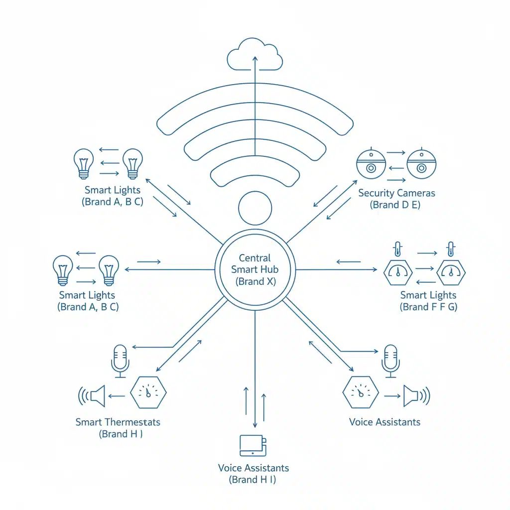 Interconnected smart home device network diagram showing data flow