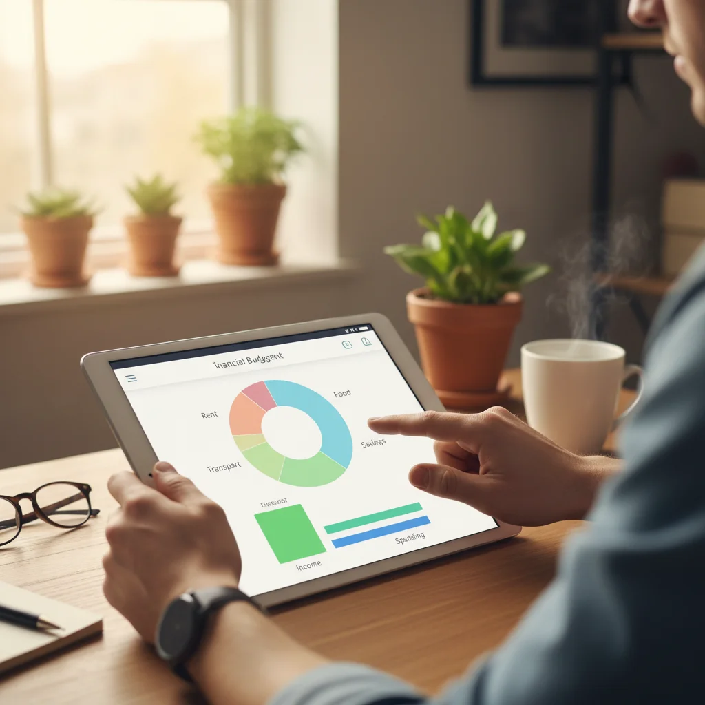 Hand using a budgeting app on a tablet, displaying expense charts and income graphs.