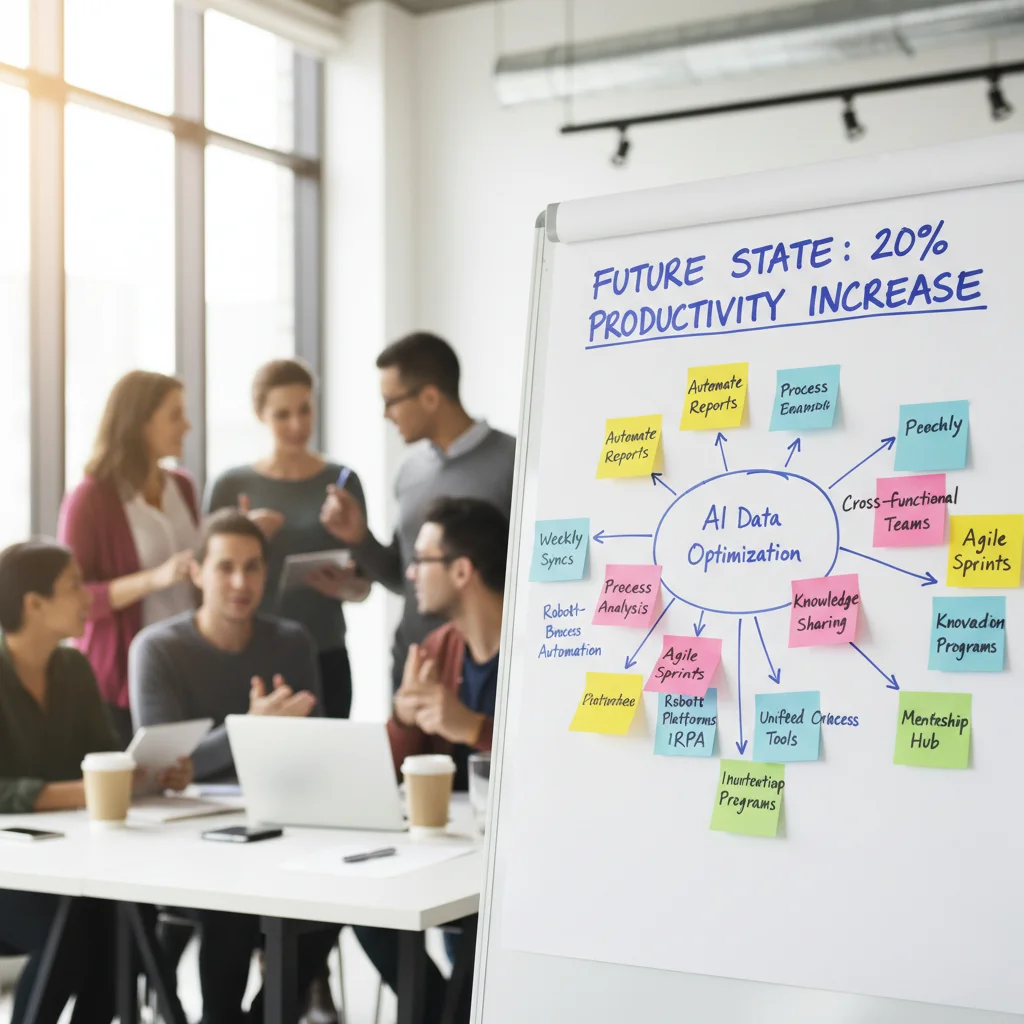Whiteboard showing a 20% productivity increase goal with notes on automation strategies and team collaboration.